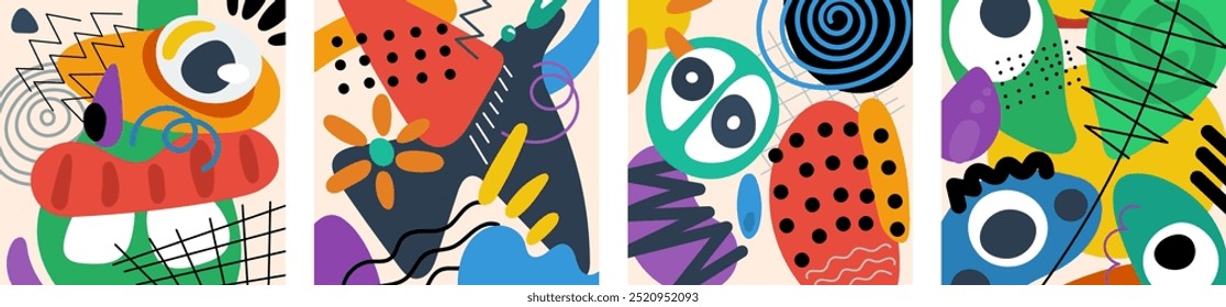Abstract surreal biomorphic naive graphic shapes collage square banner set. Modern trendy biomorphic strange free curves elements crazy doodle card. Decorative y2k artistic print. Psychedelic artwork