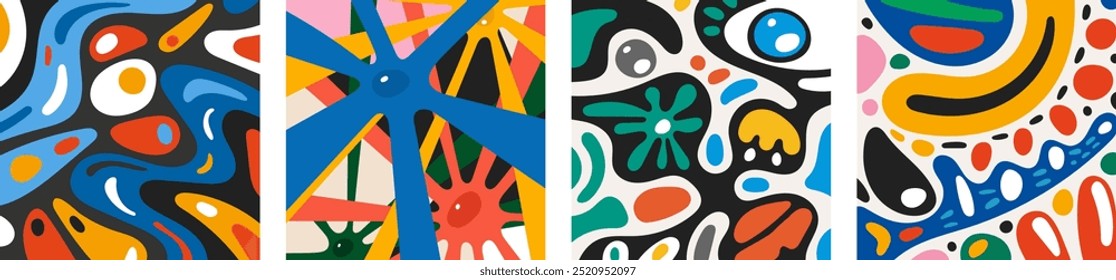 Abstract surreal biomorphic naive graphic forms collage square banner set. Modern trendy biomorphic strange free curves elements crazy doodle card. Decorative y2k artistic flyer. Psychedelic artwork