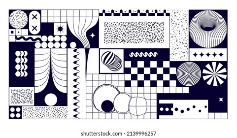 Abstract surreal black background combined from pieces of memphis patterns and geometric shapes in the style of brutalism. Vector illustration
