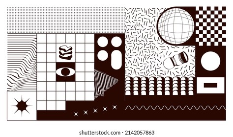Abstract surreal black background combined from pieces of memphis patterns and geometric shapes