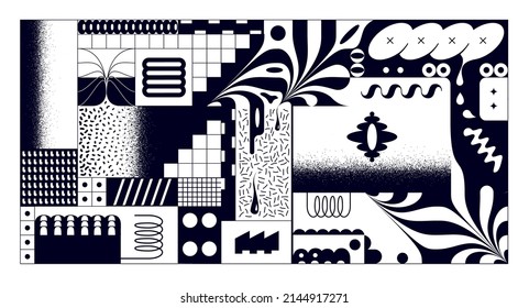 Abstract surreal black background combined from pieces of memphis patterns and geometric shapes