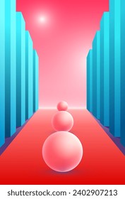 Abstract surreal composition with soft balls on the pink road between the columns. Vertical background with minimal pastel shapes.