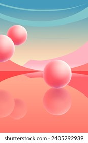 Abstract surreal composition with soft balls on the pink road between the columns. Vertical background with minimal pastel shapes.