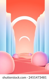 Abstract surreal composition with soft balls on the pink road between the mountains. Vertical background with minimal pastel shapes.