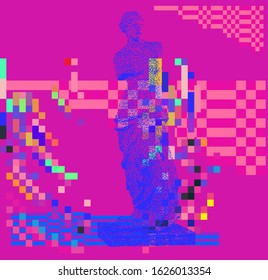 Abstract surreal composition with Venus sculpture and random pixel noise in bright pink and violet colors. Vaporwave trendy print for t-shirt and apparel.