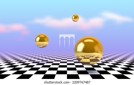 Abstract surreal concept with golden balls flying over checkered floor in vaporwave style. Calm ancient gate and clouds on the background.