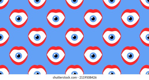 Abstract surreal the eye in the mouth psychedelic pop art style seamless pattern vector illustration