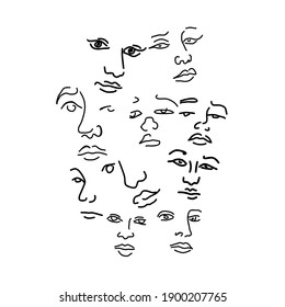 Abstract surreal faces, different emotions, art. Many different faces. Fashion portrait. Hand drawn vector sketch. Modern trendy design for posters, flyers, invitations. Minimal poster.