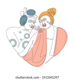 Abstract surreal faces vector line art of ancient man whispering to his lover inspiration from the mural wall art "Whisper of Love" the most popular traditional painting in Northern Thailand.