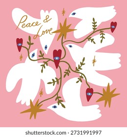 Cartaz surreal abstrato groovy ou pomba postal da paz com o coração sagrado. Estilo surreal moderno moderno e minimalista à mão livre rabiscando. Mão desenhada clip-art design para papel de parede, decoração de parede, impressão, capa