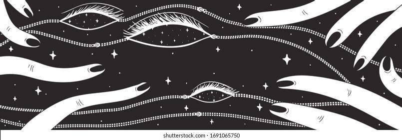 Abstract surreal illustration with elements of space, finger and eyes. The picture was created in vector, 2D drawing. Symbolizes clean hands, fingers and mind.
