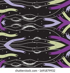 Abstract surreal illustration with elements of space, finger and eyes. The picture was created in vector, 2D drawing. Symbolizes clean hands, fingers and mind.
