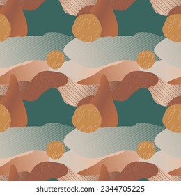 Abstract surreal landscape seamless pattern. Vector illustration with geometric textured shapes and doodles.