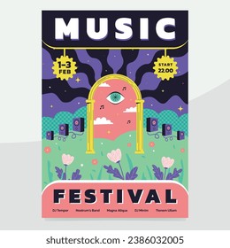 Afiche abstracto del festival de música surrealista. Diseño moderno de plantillas de fiesta brillante. Obra artística retro hippie estilizada del concierto.