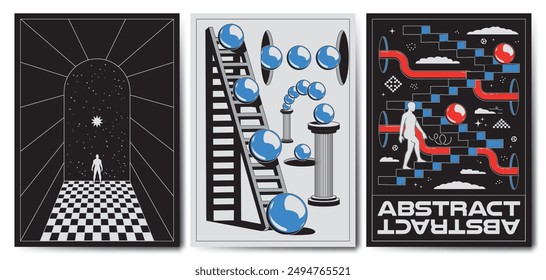 Abstract surreal poster. Cartoon colorful vintage сhessboard, geometric spheres, stairs with columns and steps. Vector set 