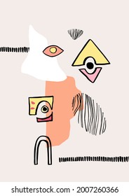 Abstract surreal posters with devilish eyes and natural shapes. Modern abstract composition. Minimal wall art.