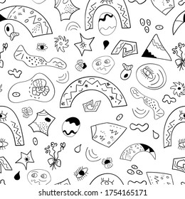 Abstract and surreal seamless pattern. Black and white background with abstract shapes, rainbows, eyes for design, paper, textile, decoration. Vector hand-drawn illustration.