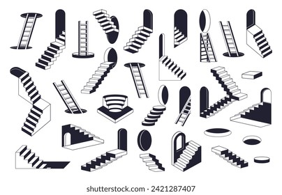 Abstract surreal stairs. Geometric monochrome ladders and minimal outline elements flat vector illustration set. Minimal design ladders collection