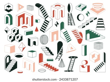 Abstract surreal stairs. Geometric monochrome ladders and minimal outline elements flat vector illustration set. Minimal design ladders collection