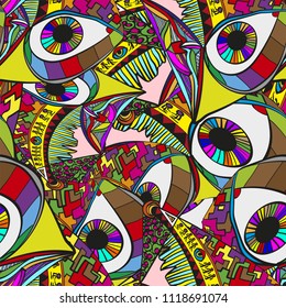 Abstract surreal vector background. Crazy bright background with eyes. Illustration of madness.