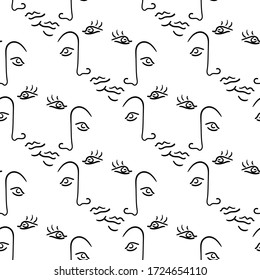 Abstracto surrealismo femenino enfrenta un patrón sin fisuras vectorial. Arte de línea, blanco y negro.