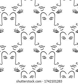 Abstract surrealism female faces vector seamless pattern. Modern line art. Black and white.