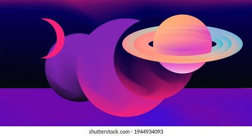 Abstract surrealistic background with space bodies and planets in geometric composition.