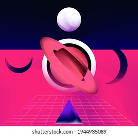 Abstract surrealistic background with space bodies and planets in geometric composition.