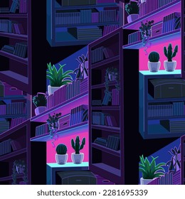 Abstract surrealistic seamless pattern of shelves with books and plants in a dark night color scheme. Vector repeated design