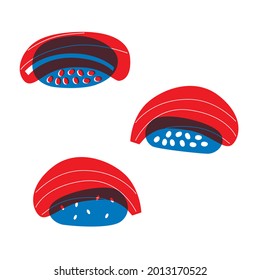 Abstract Sushi flat minimalism. Flat vector icon of appetizing sushi set. Colored Asian Cuisine. Funny colored typography poster, apparel print design, bar menu decoration. Isolated. EPS 10. 