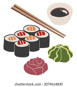 Abstract sushi illustrations set vector, Sushi rolls vector set, boho japanese food isolated, sushi vector