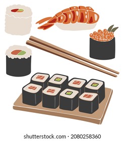 Abstract sushi illustrations set vector, Sushi rolls vector set, boho japanese food isolated, sushi vector
