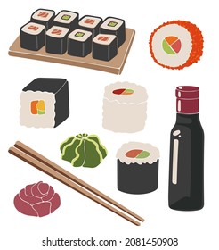 Abstract sushi illustrations set vector, Sushi rolls vector set, boho japanese food isolated, sushi vector