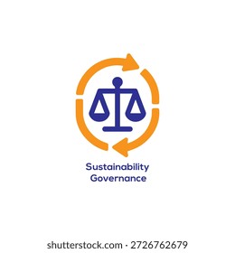 Icono de gobernanza de sostenibilidad Abstractas Ilustración vectorial de escalas azules de justicia con flechas circulares naranjas para una gestión empresarial ética
