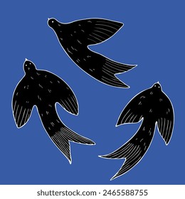 Abstract swallow birds hand drawn vector illustration. Decorative dynamic flying swallow birds on the sky. Design for print, paper, card, print, flyer. Animals and wildlife