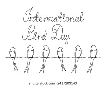 Abstract swallows in a row,continuous single line art hand drawing sketch, black and white logo of the International Bird Day.
