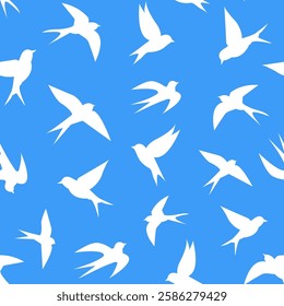 Abstract swallows seamless pattern illustration. Birds on blue sky. Vector illustration.