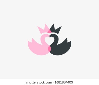 Abstract swan couple icon logo design. Crown heart love vector symbol logotype.