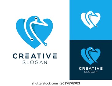 Abstract swan and heart with technology elements logo design