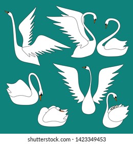 Abstract swan lake,  set of white swans isolated on blue background, graceful birds. 