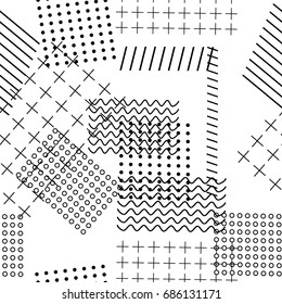 Abstract of swatch memphis patterns, seamless. Fashion 80-90s. Black and white geometric textures.