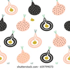 Abstract sweet doodle onion vegetable cartoon with dots design on white background pattern seamless wallpaper backdrop. Vector image