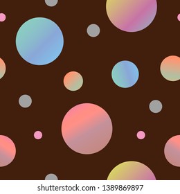 Abstract sweet seamless polka dot cute pattern. Vector illustration for cool baby chocolate design. Color dots isolated on brown background