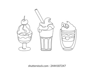 Abstract sweet yogurt parfait dessert in glass cherry, blueberry fruit, whipped cream layers. Hand drawn confectionery restaurant menu minimal design. Vector illustration isolated on white background
