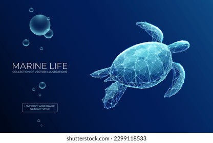 Abstract swimming sea turtle in polygons on technology blue background. Low poly wireframe marine life concept. Polygonal 3D vector illustration.