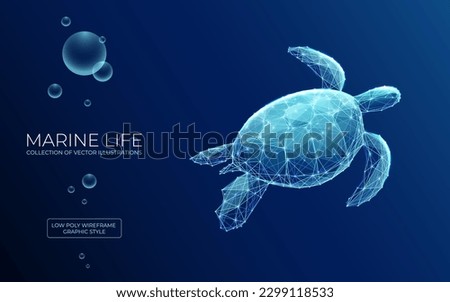 Abstract swimming sea turtle in polygons on technology blue background. Low poly wireframe marine life concept. Polygonal 3D vector illustration.