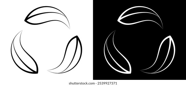 Abstract swirl 3 leaf in circle as ecology logo or icon. Black shape on a white background and the same white shape on the black side.