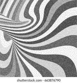 Abstract swirl background. Black and white grainy dotwork design. Pointillism pattern with optical illusion. Stippled vector illustration.