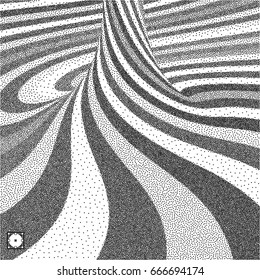 Abstract swirl background. Black and white grainy dot work design. Pointillism pattern with optical illusion. Stippled vector illustration.