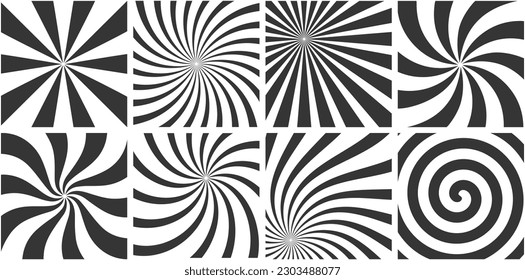 Abstract swirl background set. Vector striped retro patterns for holiday design, poster, banner cover. Black vintage cover set